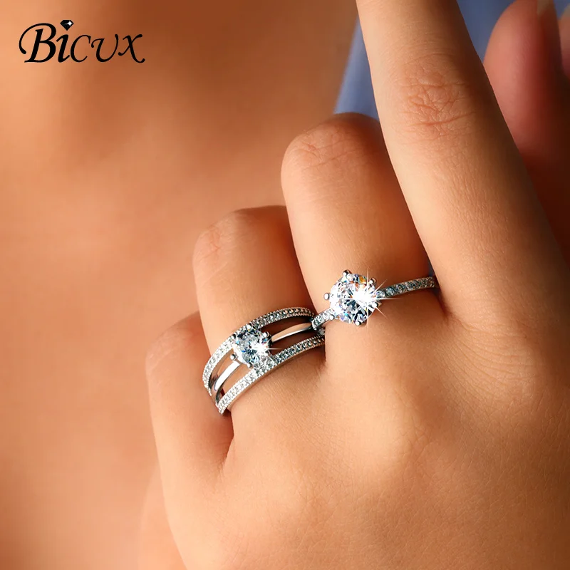 BICUX изысканные обручальные кольца с 6 белыми кристаллами для женщин, модные роскошные свадебные брендовые кольца с кубическим цирконием AAA, ювелирные изделия