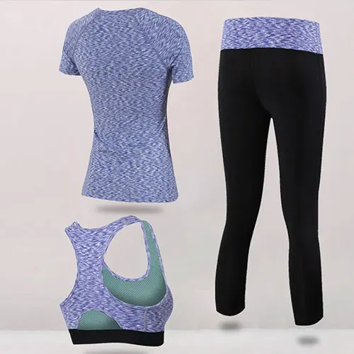 yoga set purple Быстросохнущий комплект для йоги из 3 предметов, облегающий сексуальный топ для тренировок, спортивный костюм, рубашка для бега, леггинсы, штаны, спортивный бюстгальтер, женский спортивный костюм - Цвет: yoga set purple
