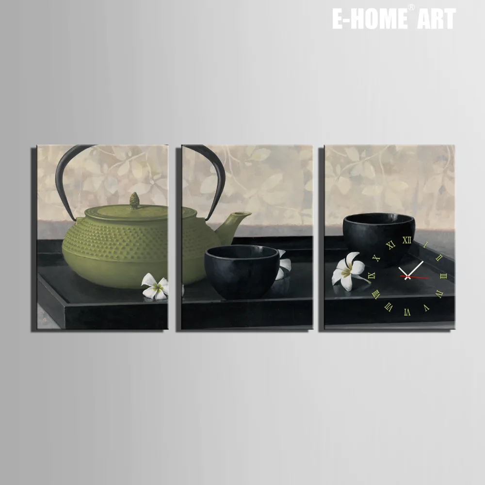 Free Shipping E-HOME Teapot And Teacup Clock in Canvas 3pcs wall clock
