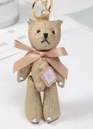 beige Винтажный брелок для ключей, брелоки, модный кулон медведь с бантом, милая мультяшная кожаная сумка, аксессуары, орнамент - Цвет: beige
