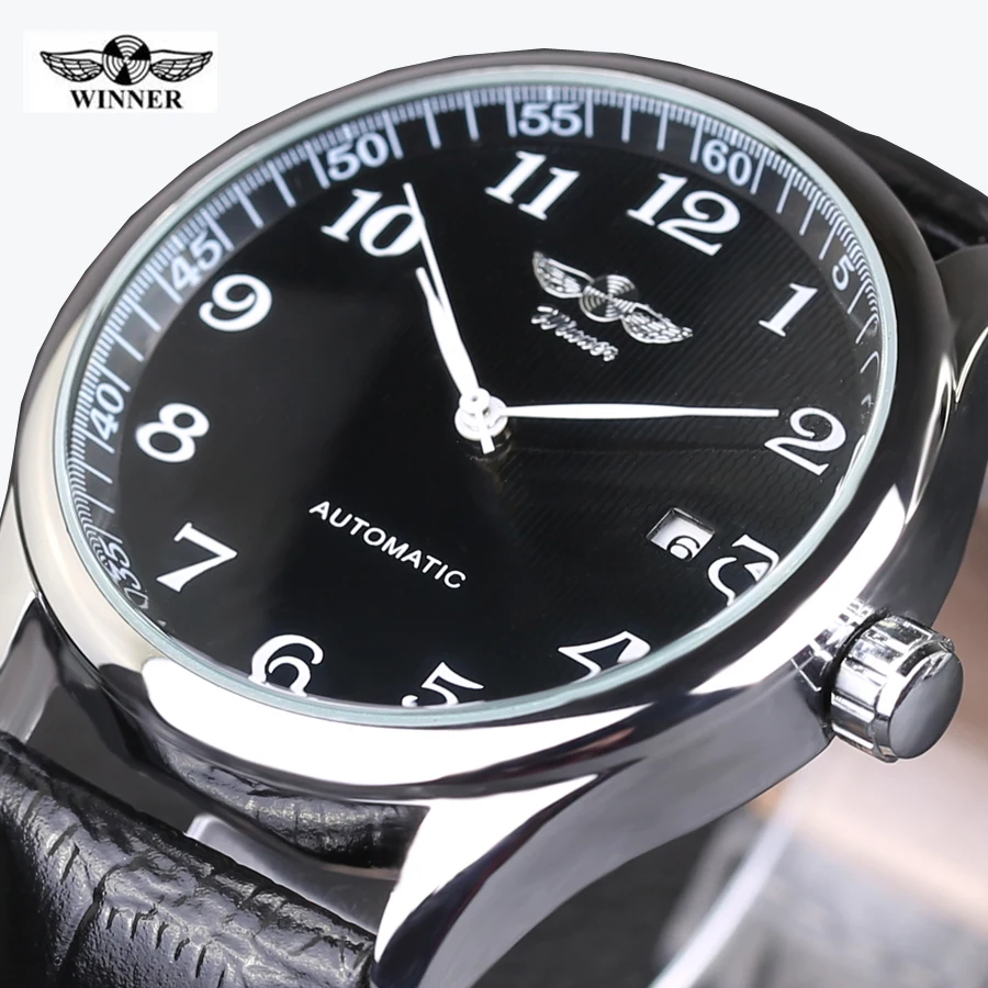 

WINNER Watches Classic Mens AUTO Date automatic Mechanical Watch Self-Winding Analog Skeleton Balck Leather Man Wristwatch