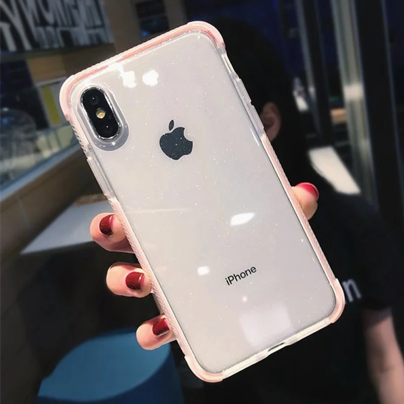 PINK Блестящие Порошковые чехлы для телефонов iPhone X, XR, XS, MAX, XMAX, 10, 8, 7 Plus, 6, 6 S, прозрачный мягкий ТПУ противоударный чехол с логотипом - Цвет: PINK