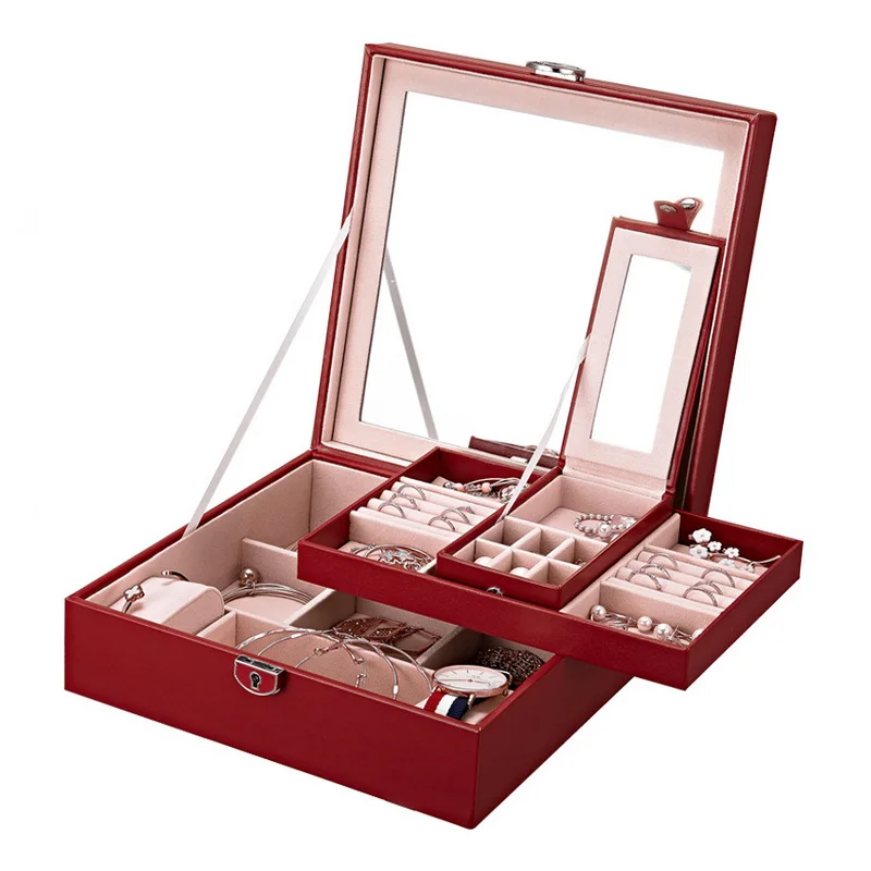 Large Capacity Leather Jewelry Box Exquisite Necklace Ring Bracelet Watch Holders With Mirror Fashion Birthday Wedding Gift Box