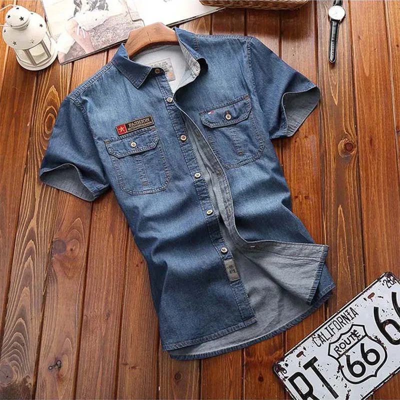 Men Shirts  Fashion New Summer Short Sleeves Men Denim Shirts Cotton Casual Turn Down Collar Camisa Male Denim Shirts
