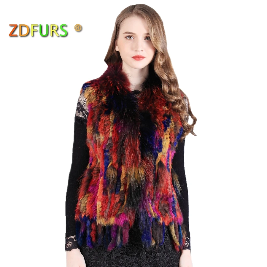 ZDFURS *2017  Knitted Rabbit Fur Gilet/waistcoat Fashion Raccoon Fur Collar Women Rabbit Fur Vest in Stock Gradient Color