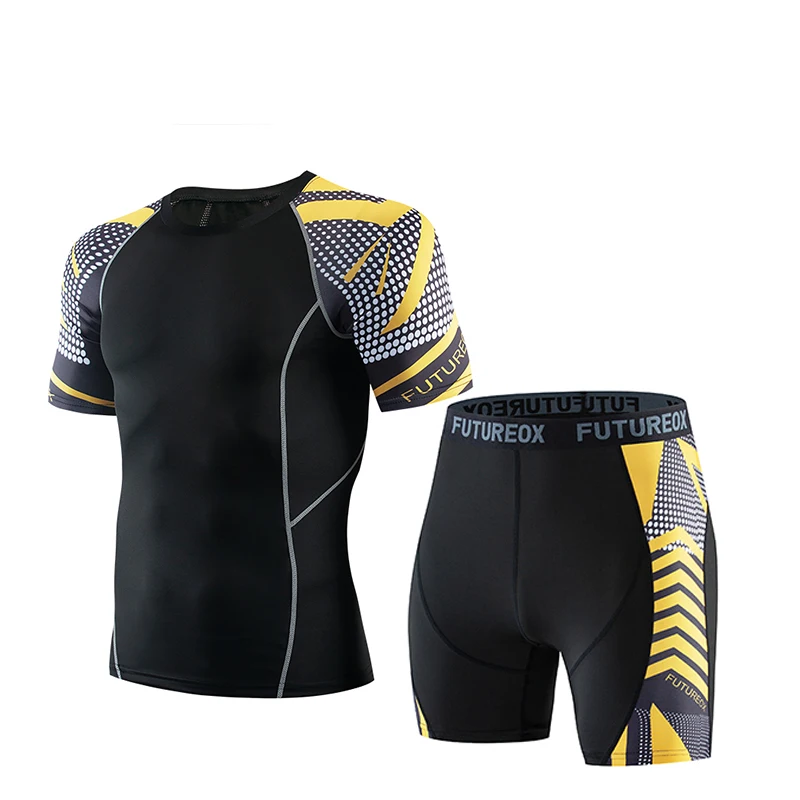 Men's Sports Fitness Set Short Sleeve + Shorts Gym Muscle Running Exercise Compression Suit Breathable Quick Dry | Мужская одежда