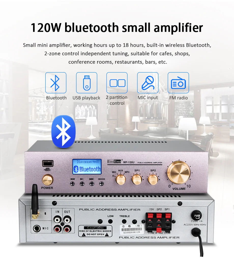 Oupushi MP-120U+ KS805 фоновая музыкальная звуковая система домашняя музыка 120 Вт BT стерео усилитель с 6," динамики в комплекте
