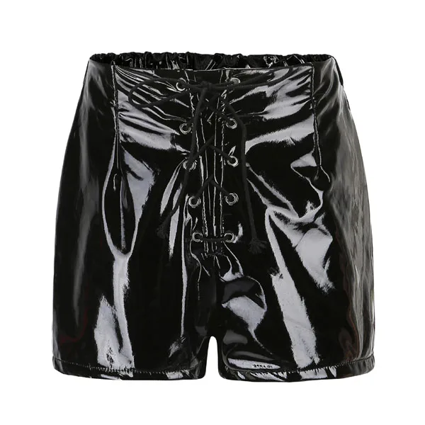 black Wetlook, высокая талия, ПВХ, сексуальные шорты, на шнуровке, с повязкой, блестящая искусственная кожа, мини-шорты, красные, черные, шорты, Клубная одежда, бермуды - Цвет: black