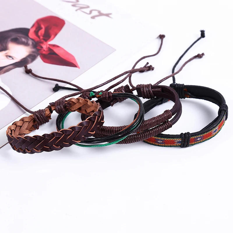 4 шт./компл. Панк boho Тибетский ткань темно коричневый кожа нить для макраме узлы обёрточная бумага широкий бан браслеты для человека ручной ЮВЕ