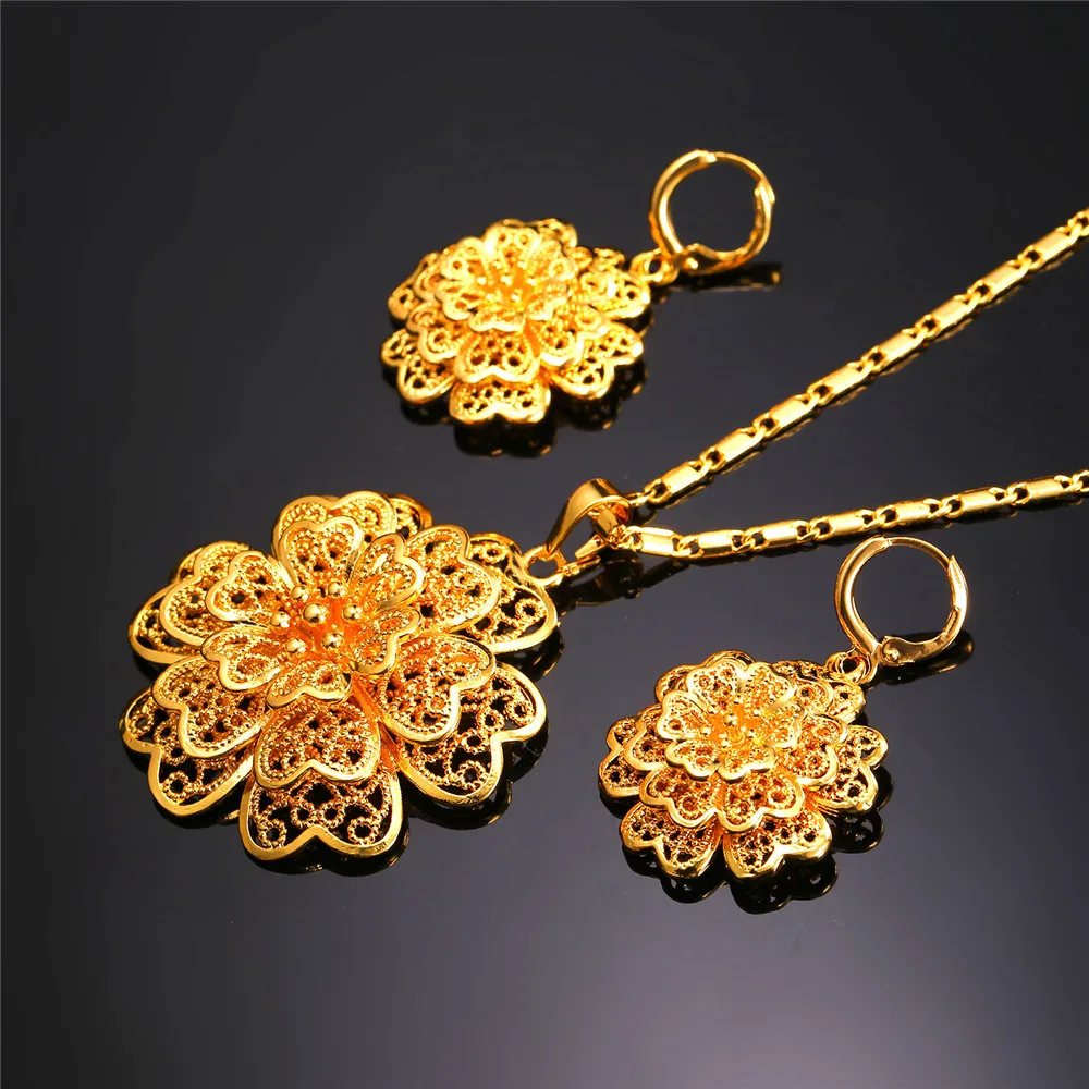 U7 Женские Позолоченные Винтаж Цветок Колье Серьги Комплект Ювелирные Изделия