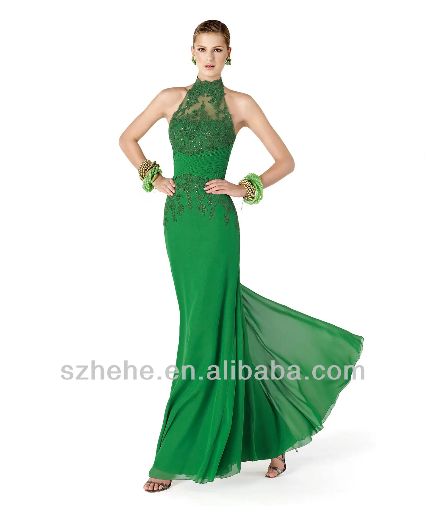 Free Shipping!!! CY931 Noble Shealth Appliques corset Chiffon emerald green high collar evening dress 2014 | Свадьбы и торжества