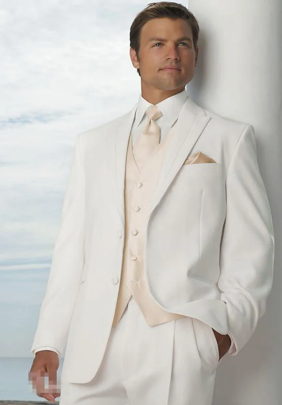 

2015 Custom Made White Groom Tuxedos Notch Lapel Best Man Groomsmen 2 Buttons Men Wedding Suits (jacket+pants+vest+tie))