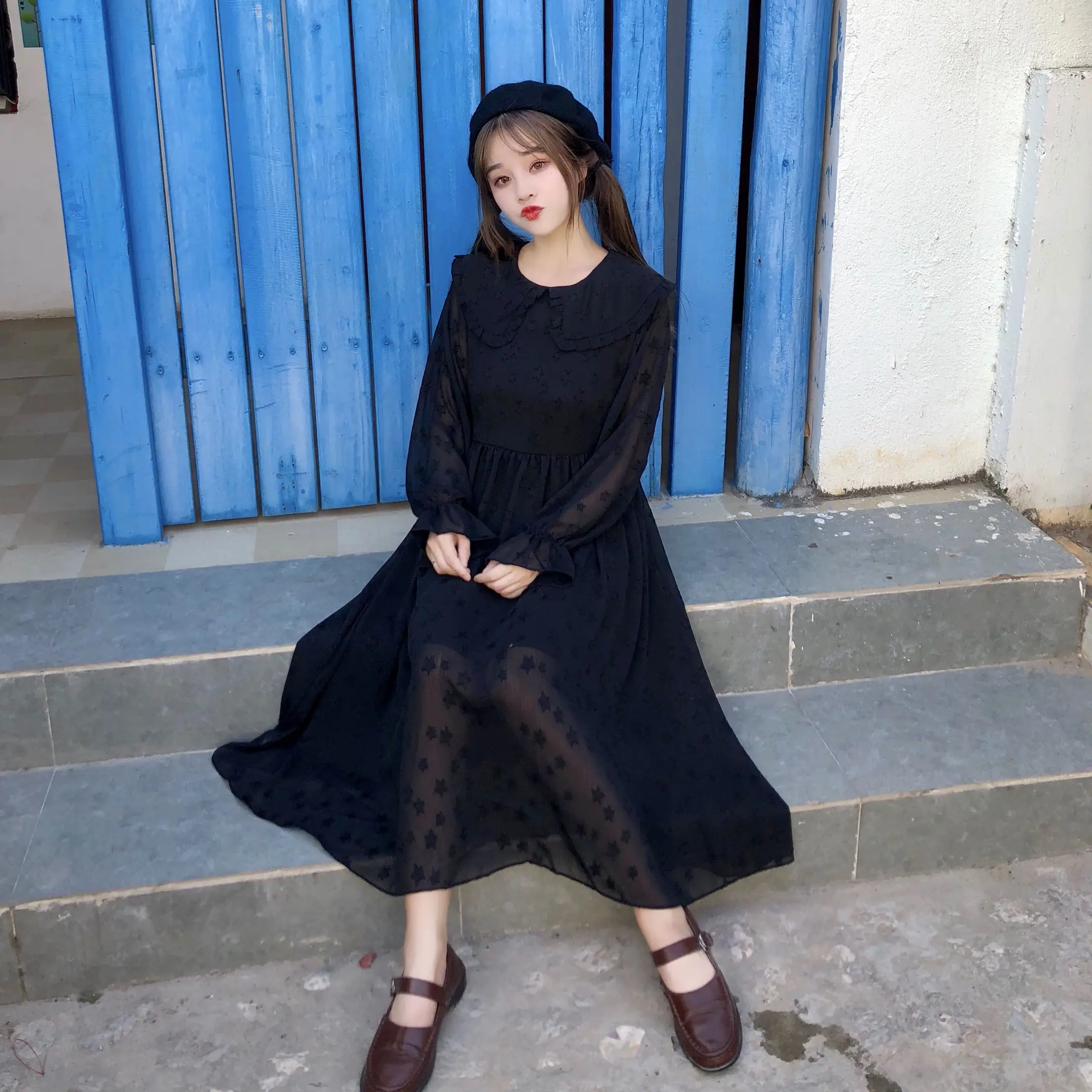 

Japanese Harajuku Women White Black Dress Long Sleeve Peter Pan Collar Kawaii Chiffon Dress Lolita Style Mori Girl Cute Dress