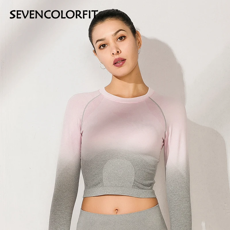 Sevencolorfit бесшовный топ с длинным рукавом Йога короткий топ для фитнеса тренажерный зал топы спортивные для женщин дамы большой палец отверстие Спортивная одежда рубашки