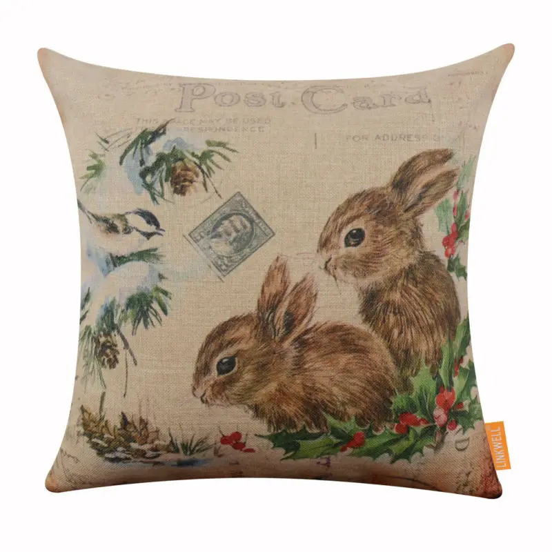 

LINKWELL 45x45cm Retro Merry Christmas Happy Rabbit Bunny Carte Postale Season Decor Accent Home Pillowcase Burlap Cushion Cover