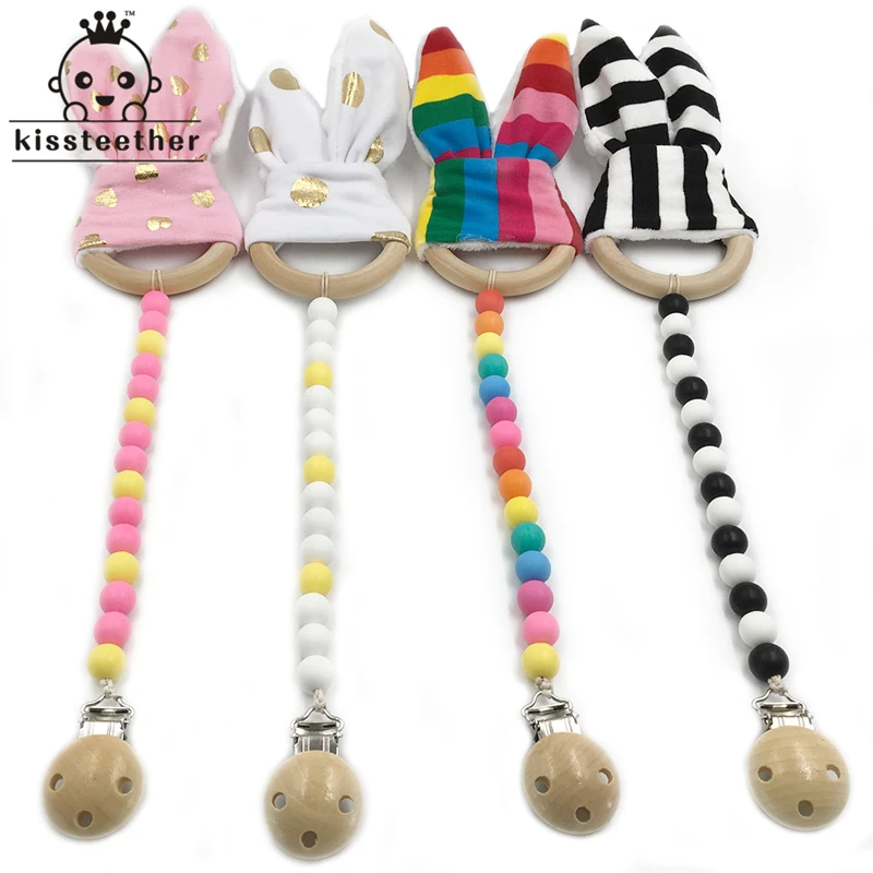 

4pc Baby Wooden Pacifier Clip Teether Toy Food Grade Silicone Beads Wood Ring Bunny Ear Toddler Teething Nursing Newborn Teether