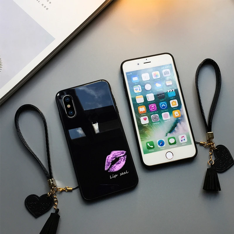 

BONVAN For Huawei P30 lite Nova 4e Tempered Glass Case Lip print Hard Cover For Huawei Nova 4e P30 lite Tassel lanyard Fundas