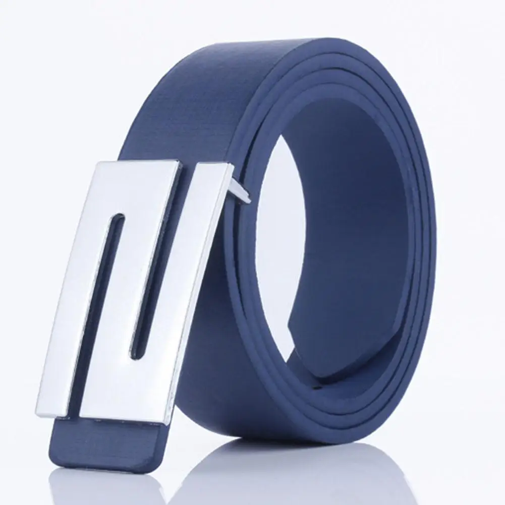 Navy blue Повседневный мужской ремень из искусственной кожи, однотонное с поясом, Модные металлические гладкие ремни с пряжкой для мужчин и женщин - Цвет: Navy blue