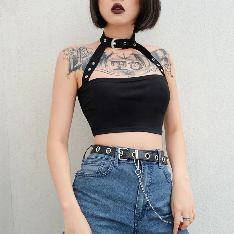 

Cotton Halloween Punk Choker Halter Top Women Cami Backless Buckle Crop Top Clothes Camisole Sexy Tops Cropped Gothic