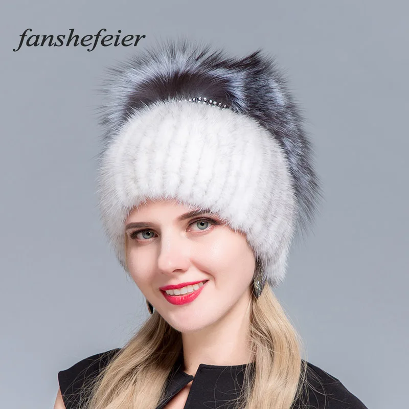 Fanshe, Новая зимняя Женская лыжная шапка, меховая шапка с капюшоном, мех серебристой лисы, вязаная теплая Высококачественная меховая норковая шапка ручной работы, прошитая текстура - Цвет: colour04