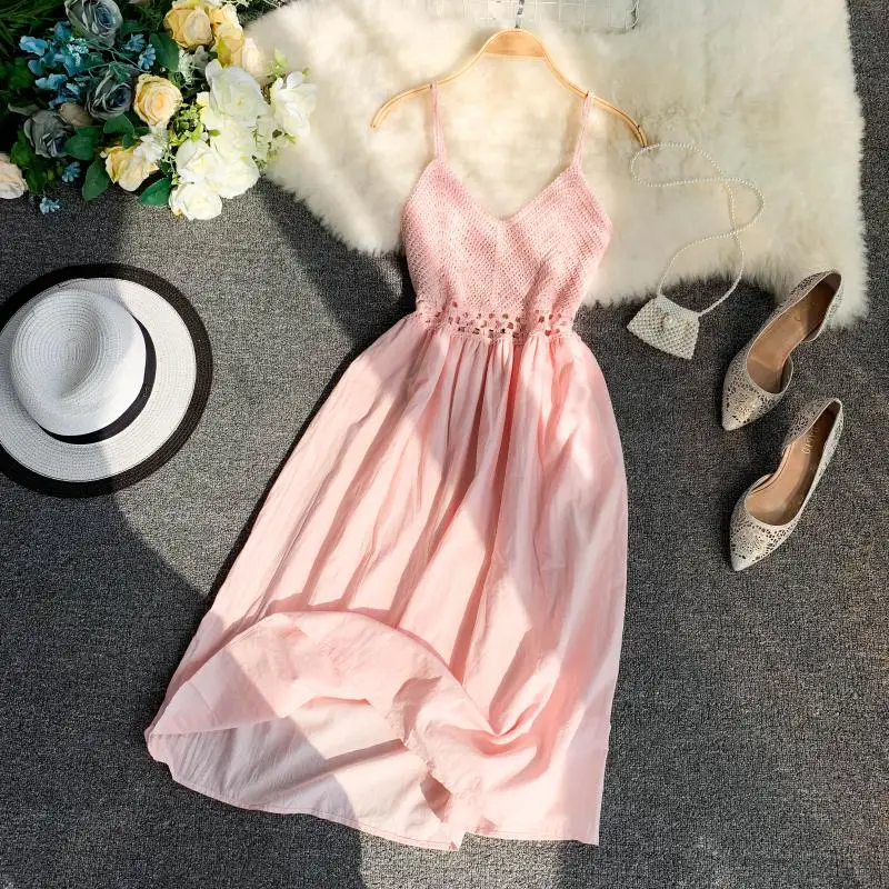 Женское трикотажное платье в стиле бохо Летнее Длинное средней длины на бретелях