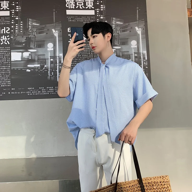 Мужская рубашка в клетку Повседневная Свободная с коротким рукавом и воротником