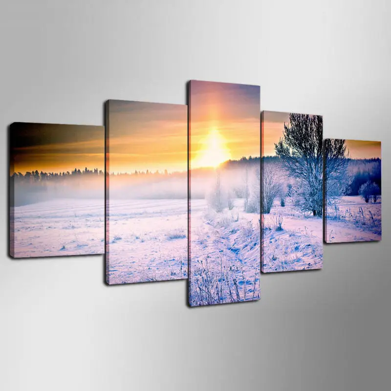 

Top Selling 5 panel Modern Winter snow art wall paintings Printed Canvas Poster for living room Bedroom Sofa Background