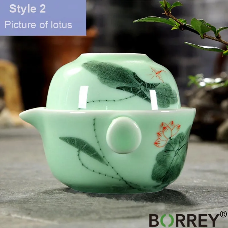 Style1(Lotus) BORREY Celadon Gaiwan дорожный чайный сервиз, китайский фарфоровый чайный горшок, Набор чашек, керамический гайвань, чайный горшок, портативный чайный набор кунг-фу, Чайник Пуэр - Цвет: Style1(Lotus)