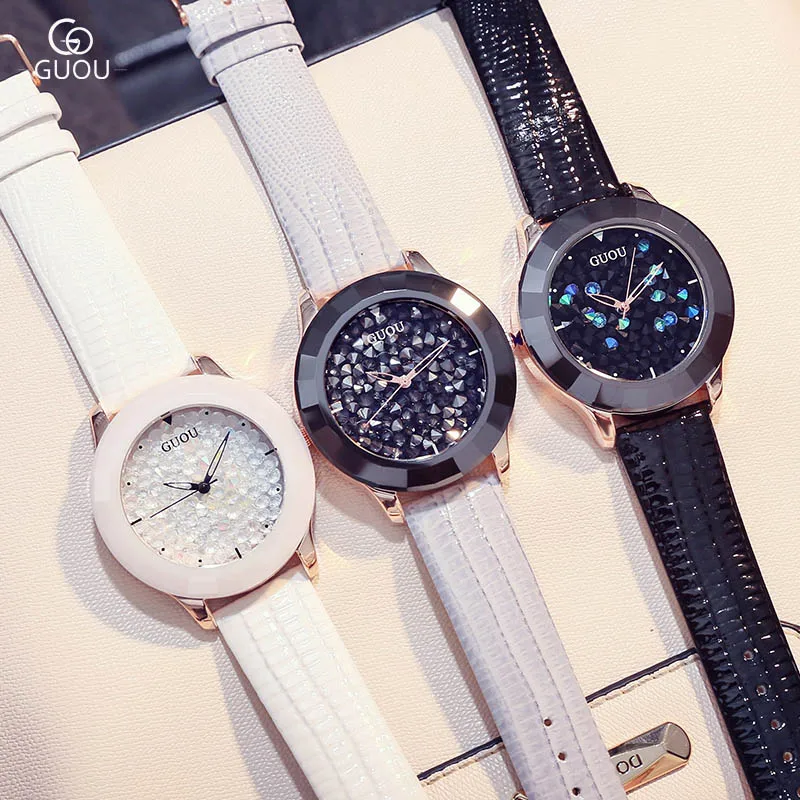 

Relogio Feminino Women Watches Luxury GUOU Brand Quartz Rhinestone Watch Women fashion Leather Ladies Wristwatch Clock XFCS
