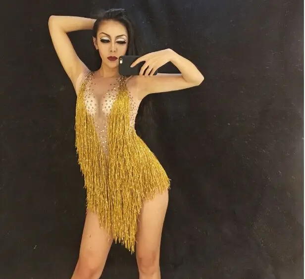 Women Sparkly Gold Tassel Bodysuit Rhinestones Outfit Glisten Beads Costume One-piece Dance Wear Singer Stage Leotard - Цвет: bodysuit only