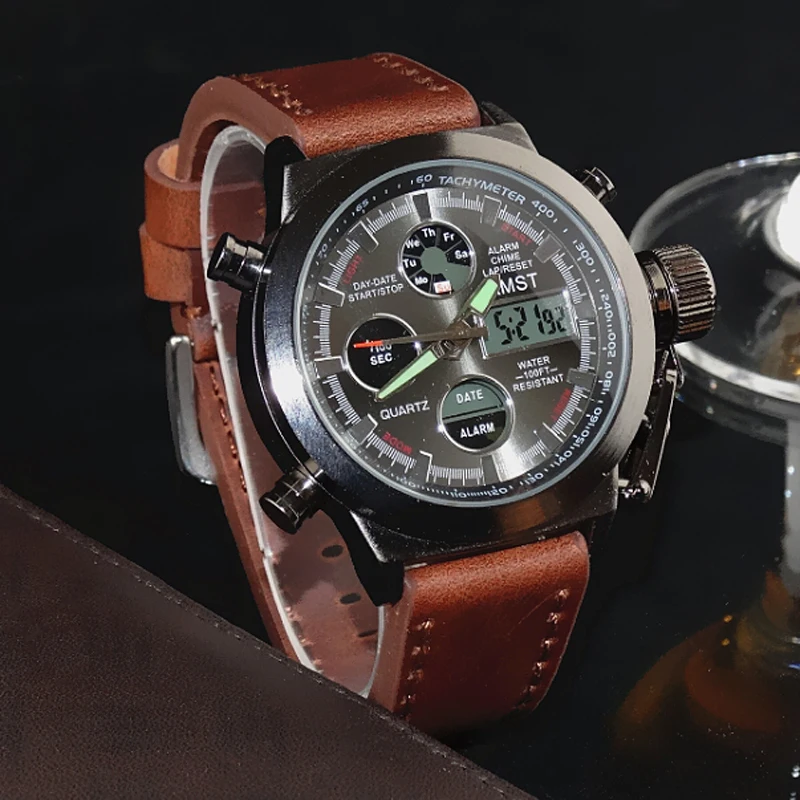 Часы Мужчины Люксовый Бренд AMST Спорт Кварцевые Кожаный Ремешок СВЕТОДИОДНЫЕ