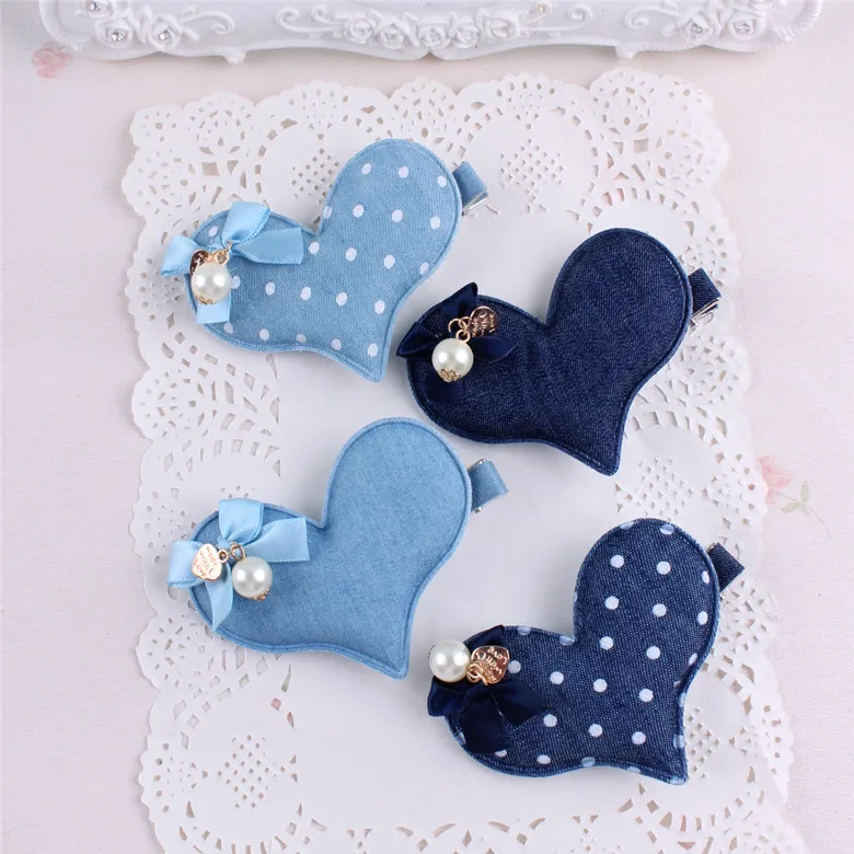 Высококачественные женские модные джинсовые заколки для волос с сердечками и