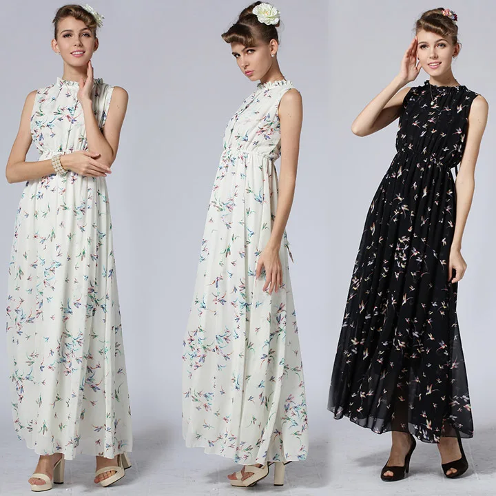 2015 Summer Style Black White Pleated Maxi Robe O-neck Tank Loose Print Floral Women Beach Chiffon Vestidos Long Bohemian Dress | Женская
