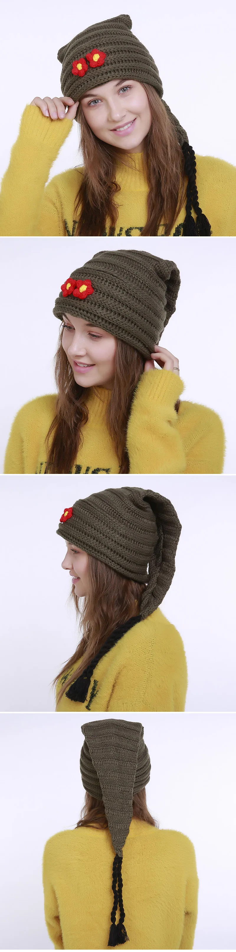 Женские шапочки Skullies, зимние шапки, теплые милые шапочки с цветком и длинным хвостом, модные женские шапки, кашемировая вязаная шапка