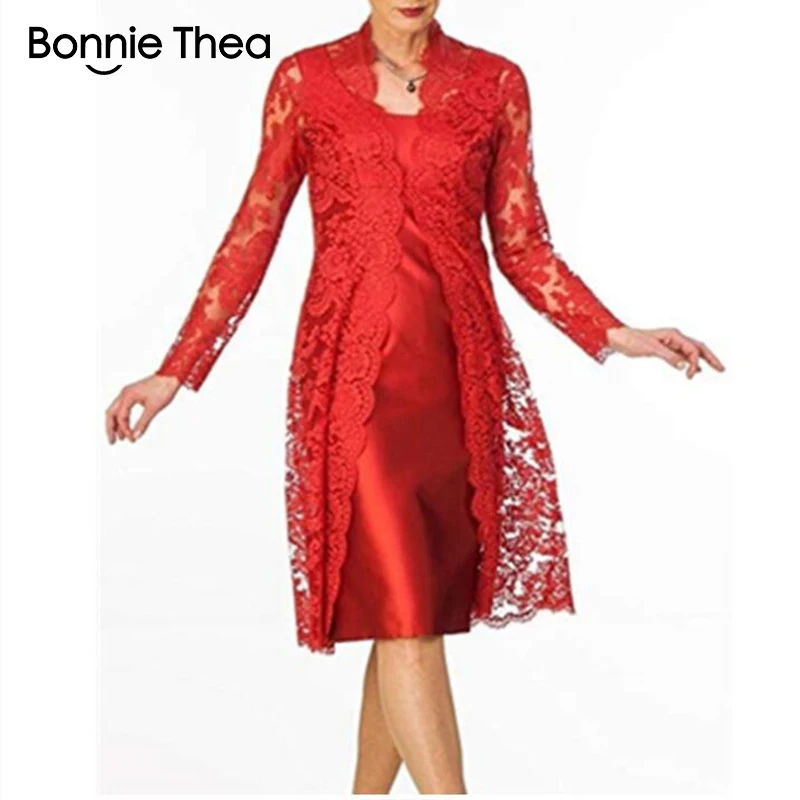 Красный Bonnie Thea женское кружевное платье из двух частей с длинным рукавом, элегантное черное платье для вечеринки, весеннее платье - Цвет: Красный