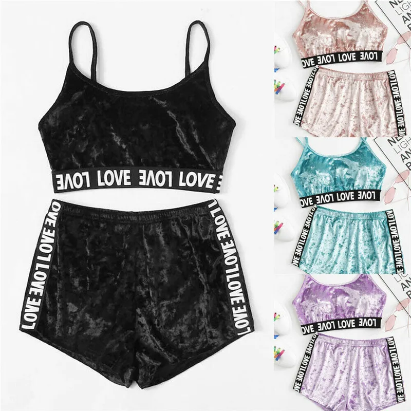 Womens 2 Piece Set Reflective Sexy Sleepwear 2019 Summer Ladies Casual Clothes Retro Sequin Letter Nightwear Cami Tops&ampShorts |