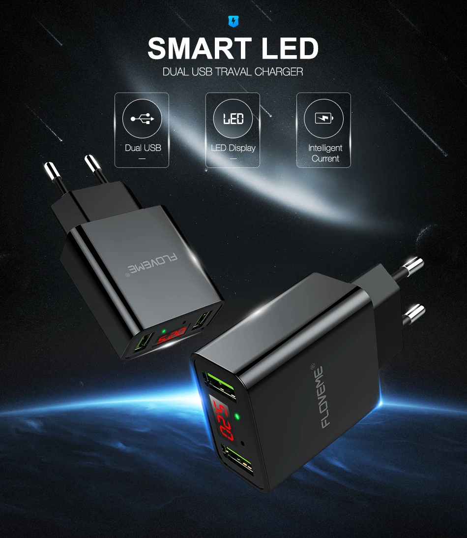 FLOVEME Smart USB зарядное устройство, двойной USB светодиодный цифровой адаптер для зарядки для iPhone, samsung, Xiaomi, EU Plug, настенное зарядное устройство для телефона