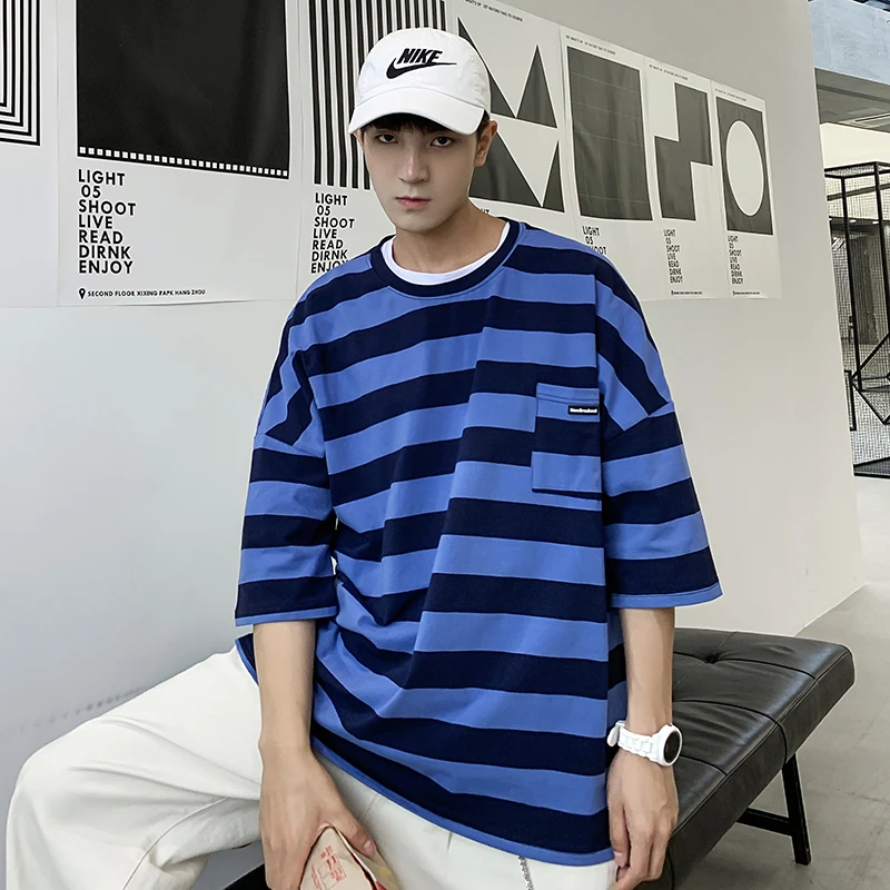 Blue LAPPSTER Harajuku футболка в полоску Лето Мужская Корейская стильная футболка мужская безразмерная желтая футболка хип-хоп Повседневная футболка с карманом - Цвет: Blue