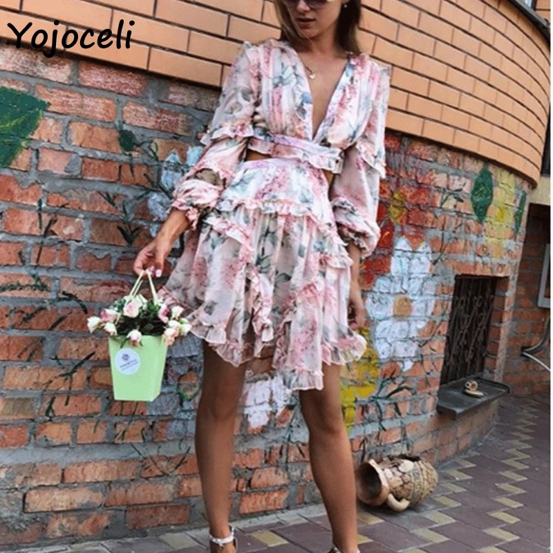 Yojoceli 2018 цветочный принт гофрированное Платье женское глубокий v образный вырез