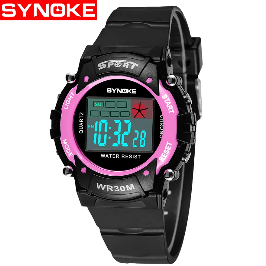 Pink SYNOKE детские часы детские цифровые часы для мальчиков светодиодный Дата часы спортивные водонепроницаемые ударные Желтые часы подарок для девочек - Цвет: Pink
