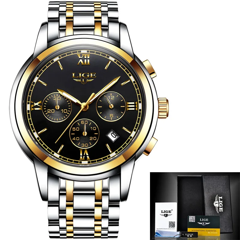 steel gold black Мужские часы Montre Homme, люксовый бренд, LIGE, хронограф, мужские спортивные часы, водонепроницаемые, полностью стальные, кварцевые, мужские часы, Relogio Masculino - Цвет: steel gold black