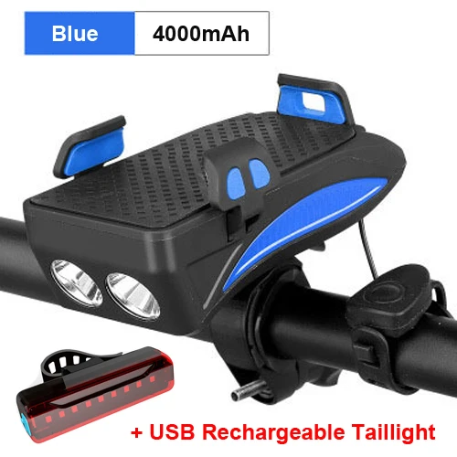 Set 4 Blue 4000mAh Велосипедный светильник NEWBOLER с подзарядкой от USB, флэш-светильник, держатель для телефона, велосипедный светильник высокого качества 2000/4000 мАч, внешний аккумулятор, велосипедный рожок, светодиодный светильник - Цвет: Set 4 Blue 4000mAh