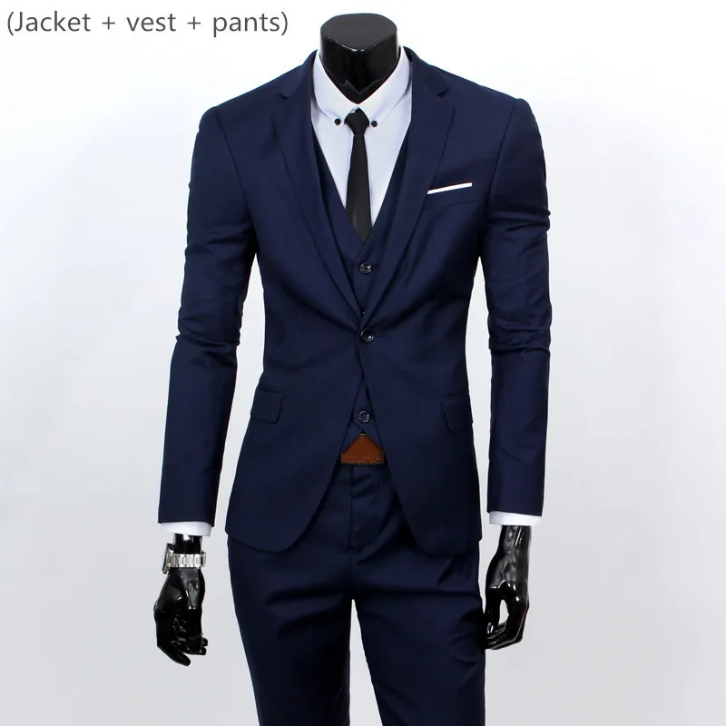 3 piece Navy Блейзер+ жилет+ брюки) Мужская Свадебная одежда костюм жениха мужской костюм из трех предметов деловой Банкетный мужской костюм плюс размер 6XL Костюмы - Цвет: 3 piece Navy