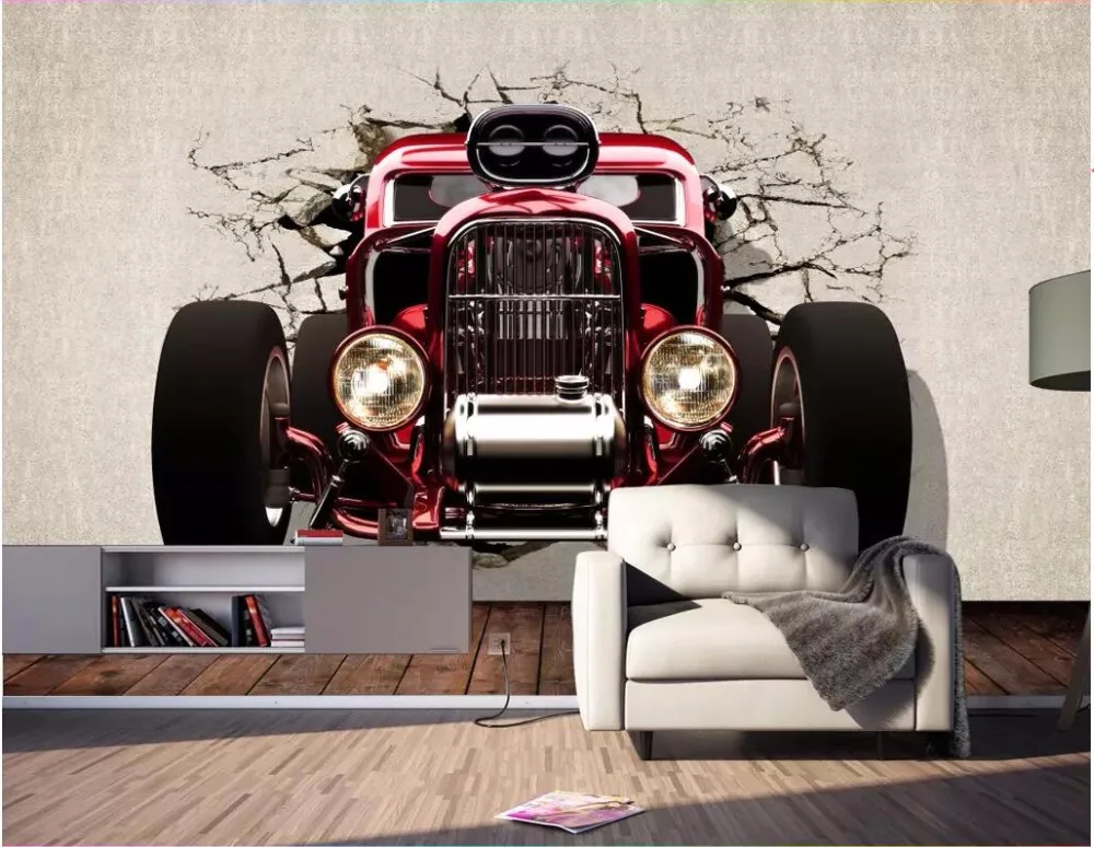 3d обои на заказ фотообои классический автомобиль выскочила из стены гостиной
