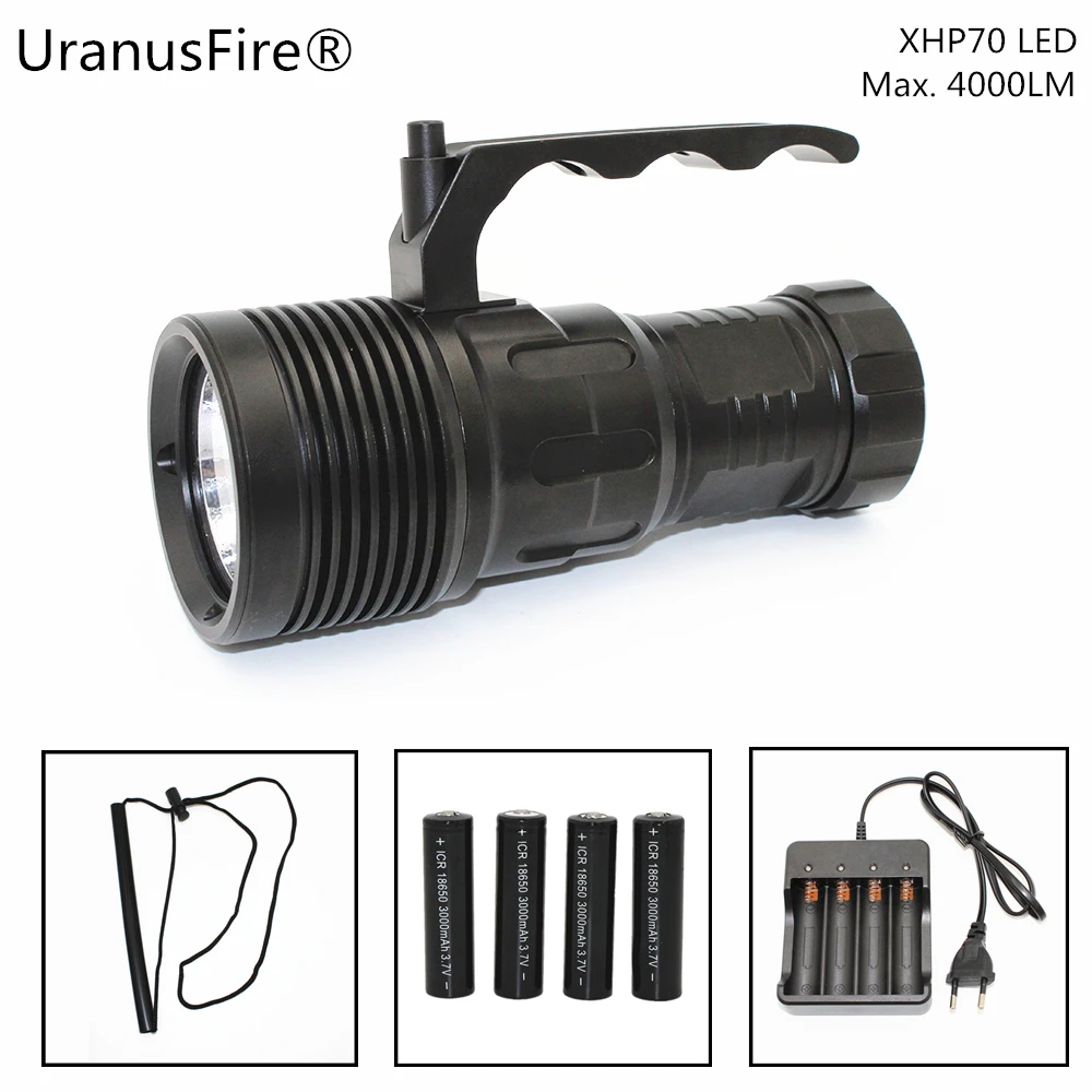 구매 XHP70 손전등 4000 루멘 전문 다이빙 라이트 수중 100M 방수 알루미늄 LED 토치 라이트 전원 4x 18650