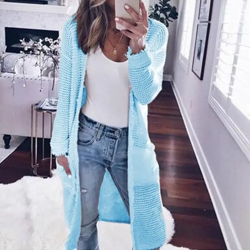 Spring Autumn Winter Long Sweater Women Knitting Cardigan Fashion 2019 Pockets Open Stitch Coat Female Vintage Knitwear |