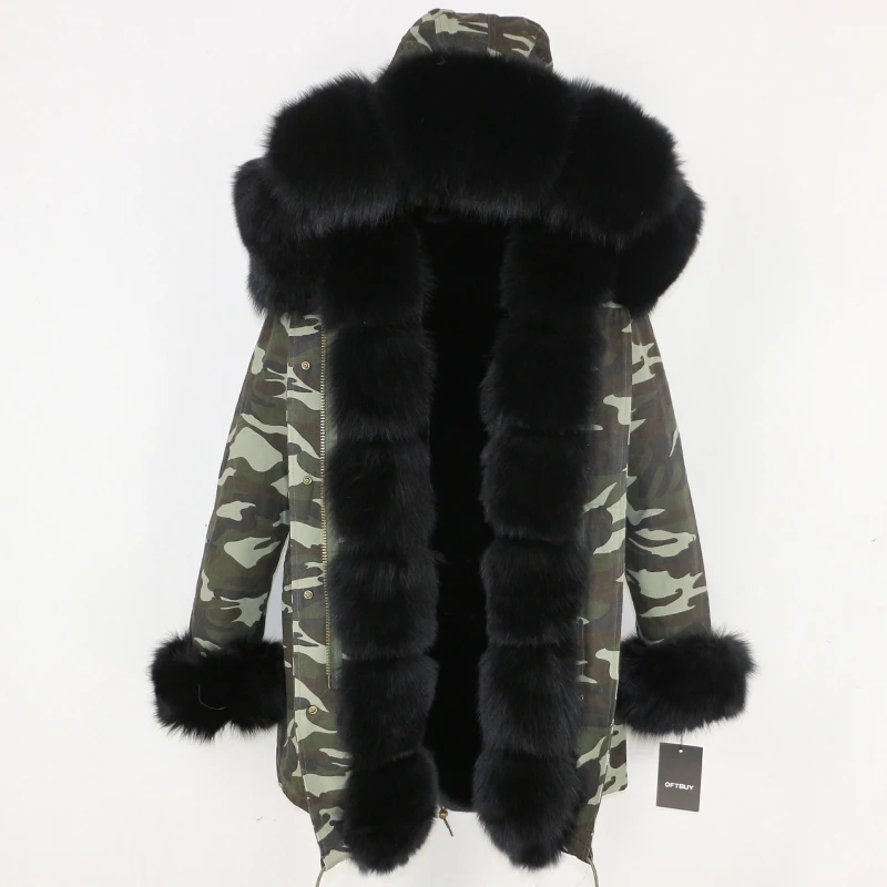 green camo black OFTBUY, Длинные парки, зимняя куртка, Женское пальто из натурального меха, натуральный Лисий мех, Отделка капюшона, черная верхняя одежда, уличная одежда, толстая теплая парка - Цвет: green camo black