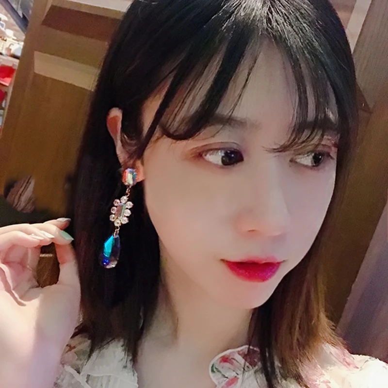 Корейские модные блестящие стразы висячие серьги подвески в форме капель воды