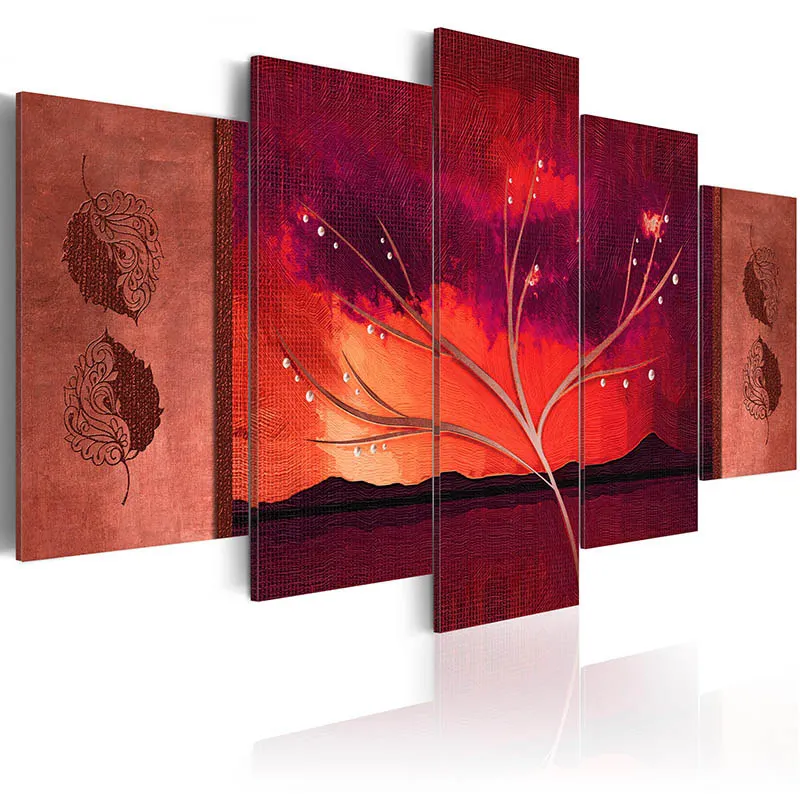 

5 Pieces Abstract Canvas Painting Branch Posters and Prints Orange Bright Modern Wall Art Modular Pictures for Living Room Decor