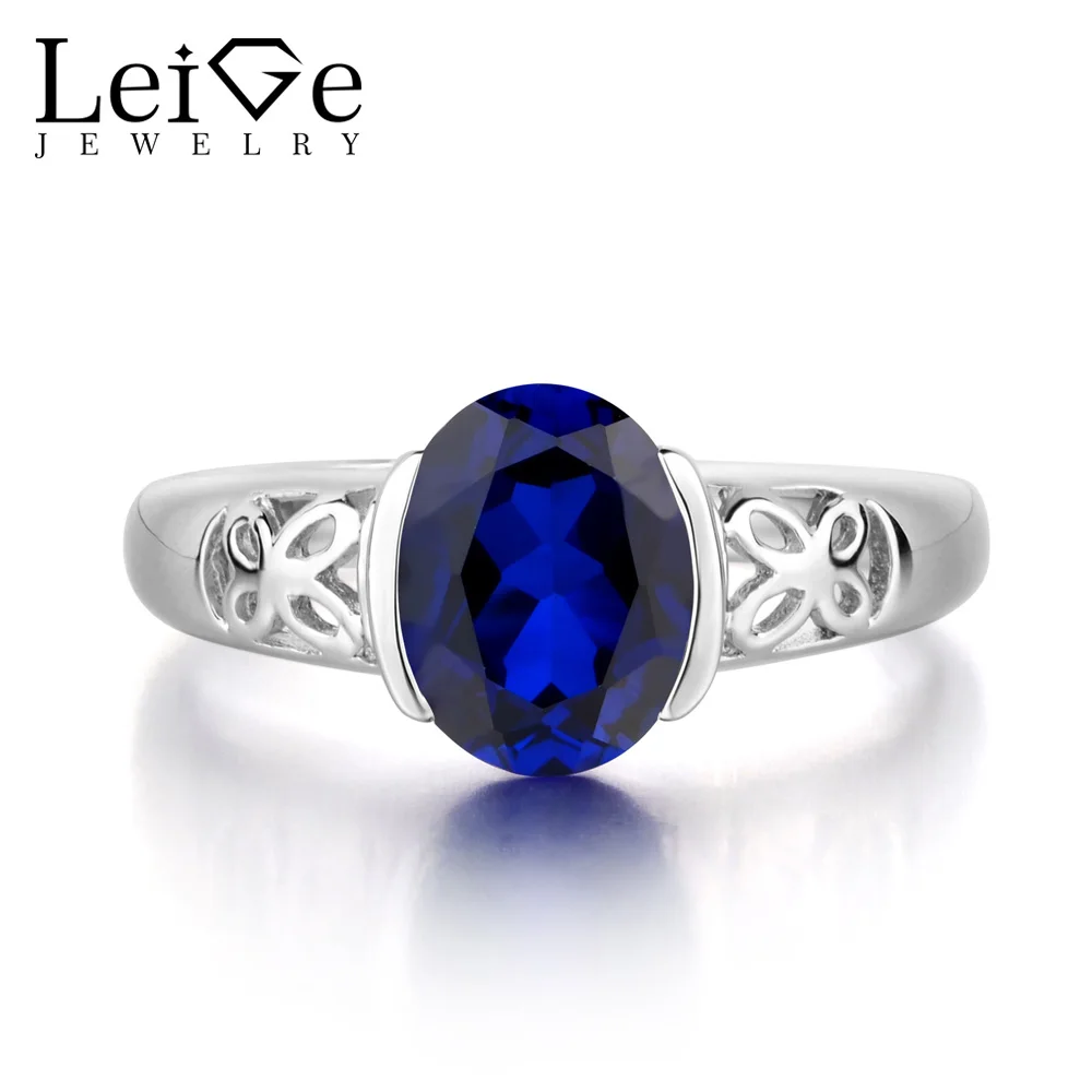 

Leige Jewelry 925 Sterling Silver Ring Lab Sapphire Blue Fine Gemstone Birthstone Oval Cut Promise Engagement Rings Gift for Her